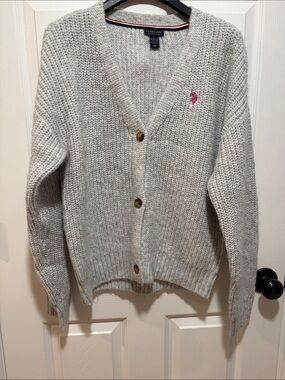 Ralph Lauren Light Gray Knit V-Neck Cardigan with Pink Pony